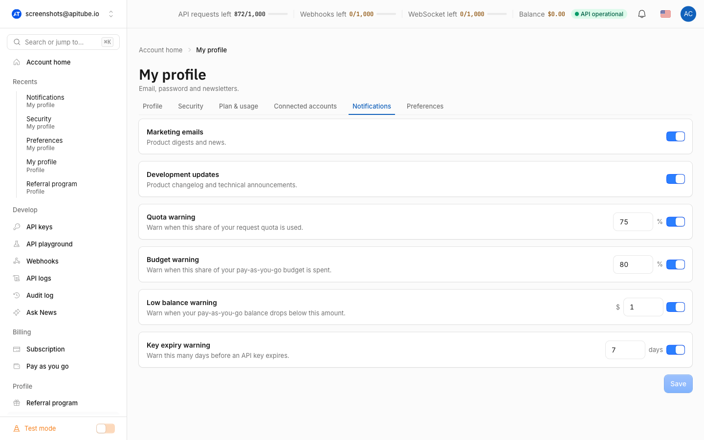 The Notifications tab of the Account page with the Marketing Emails and Development updates switches