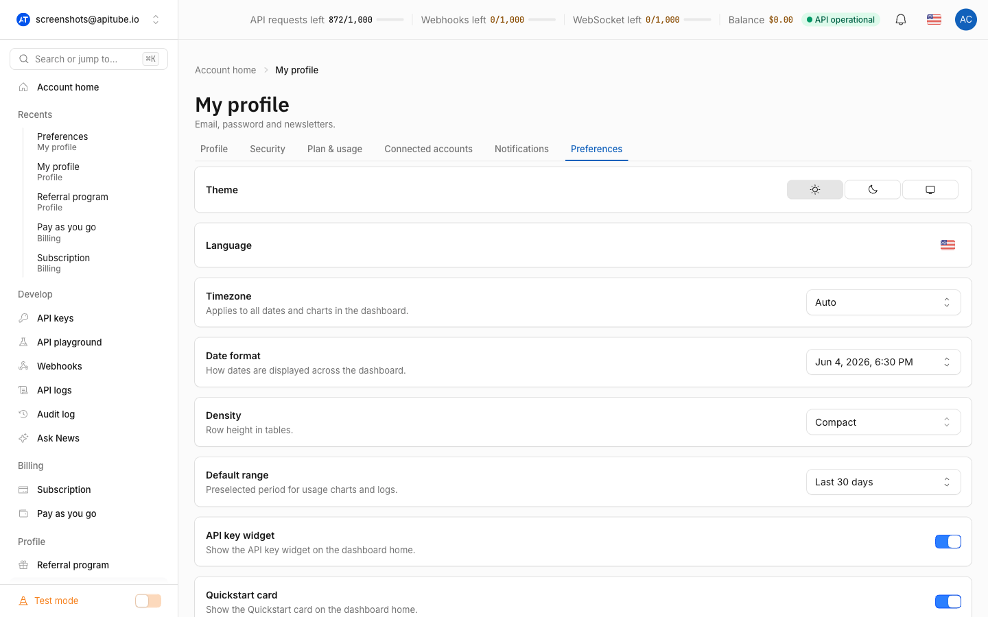 The Theme switch on the Preferences tab of the Account page