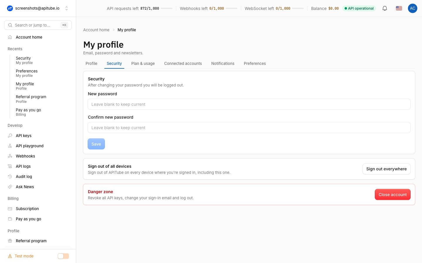 The Security tab of the Account page where the Danger zone card with the Close account button lives