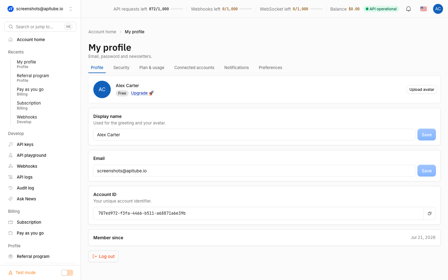 The Profile tab of the Account page with the display name, email and avatar fields