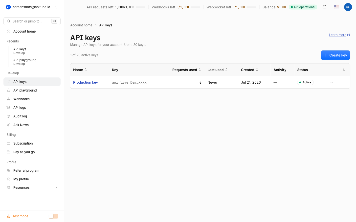 The API Keys page of the APITube dashboard with the keys table and the Create key button
