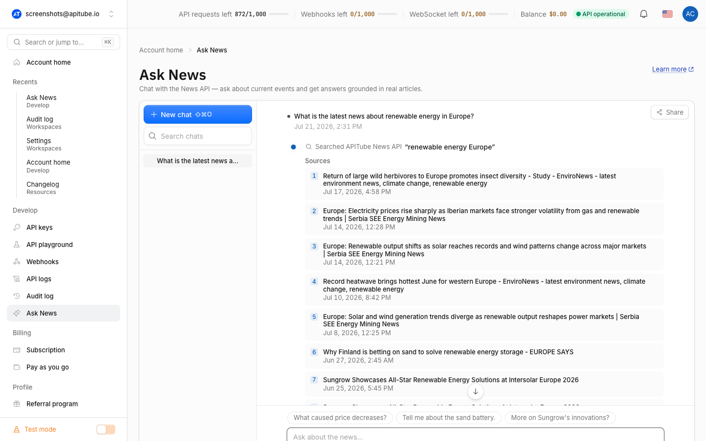 An Ask News conversation: the search step with the query in quotes, numbered source cards with dates, and follow-up suggestions above the message box