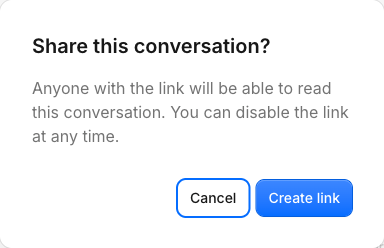 The Share this conversation dialog in Ask News with the Cancel and Create link buttons