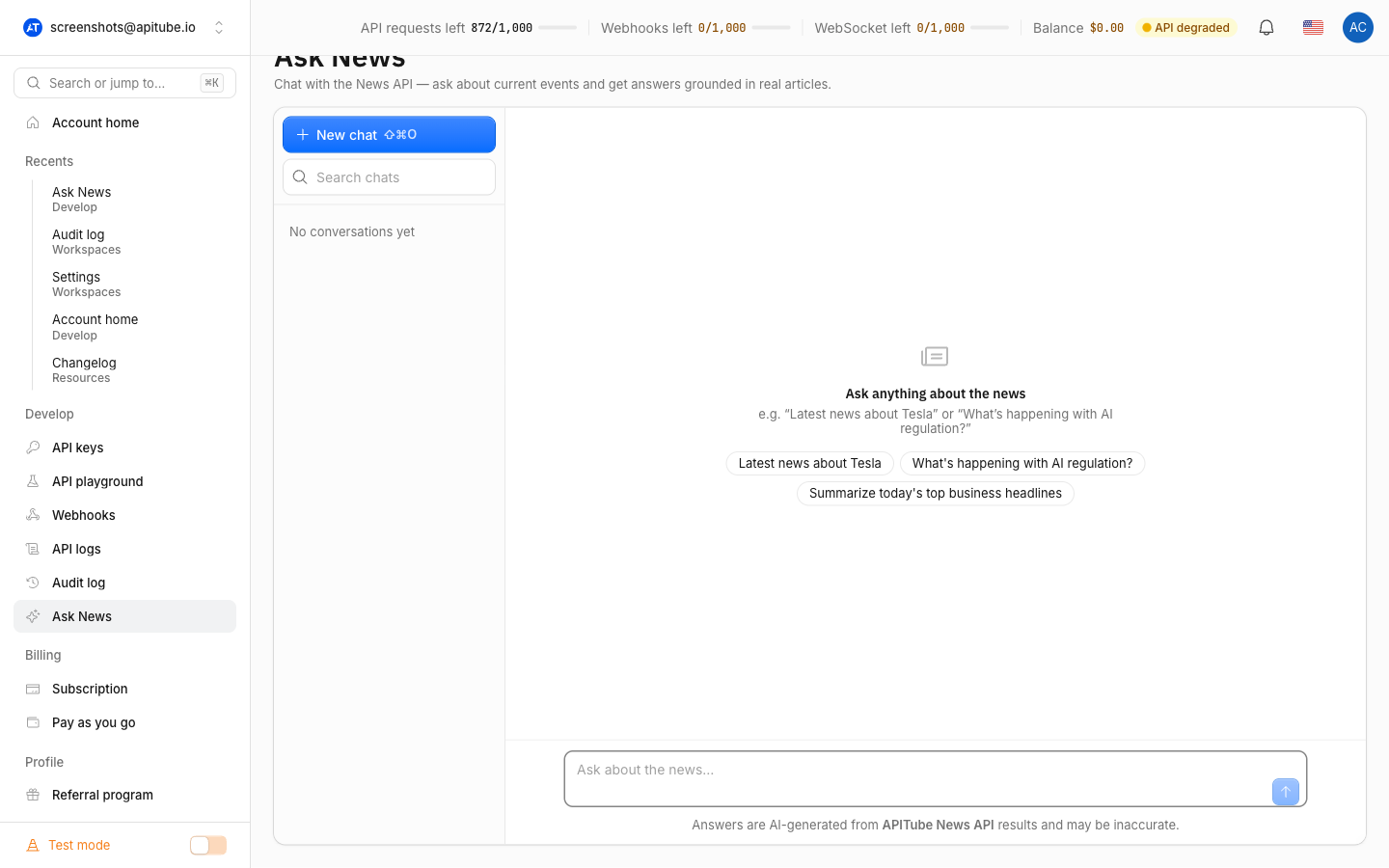 The Ask News chat page in the APITube dashboard with the question box and conversation list
