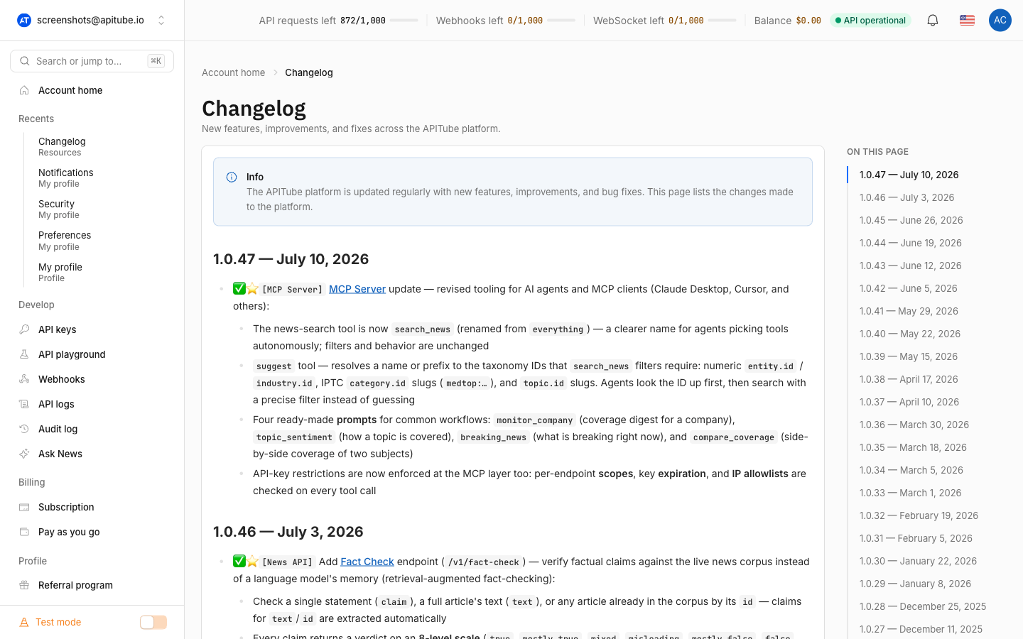 The Changelog page inside the dashboard rendering the same release notes as the public docs