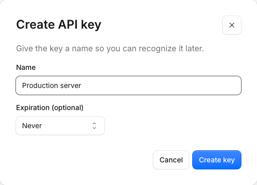The Create API key dialog asking for a key name and an optional expiration
