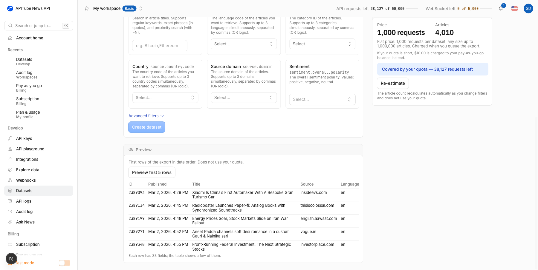 The Preview card under the form: a five-row table with article ID, published time, title, source domain and language, and the note that each row has 33 fields