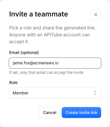 The invite dialog with an optional email field and a role selector before creating the invite link