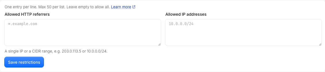 The API Key Restrictions card on the key detail page with the Allowed IP Addresses box and the Save restrictions button