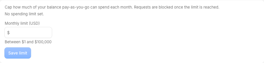 The Monthly spending limit card on the Pay As You Go page with the dollar cap field and Save button