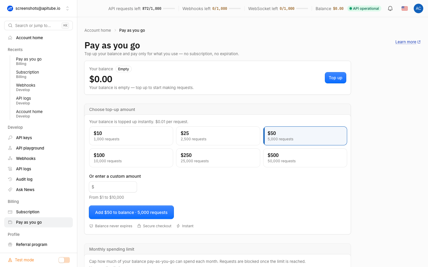 The Pay As You Go page showing the current balance and the top-up amount selector