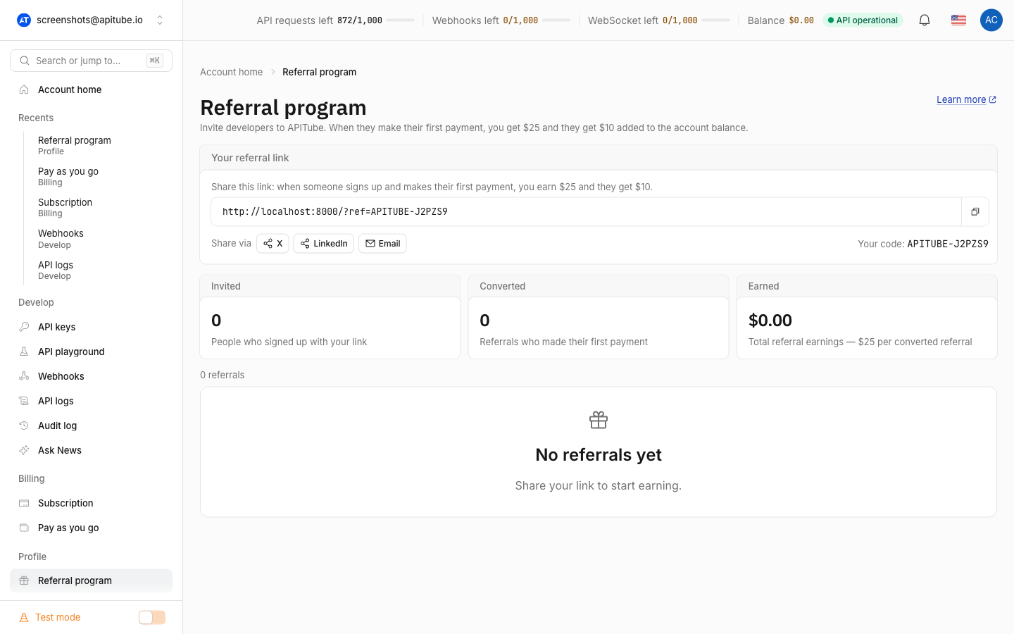 The Referral program page of the dashboard with the personal referral link and reward stats