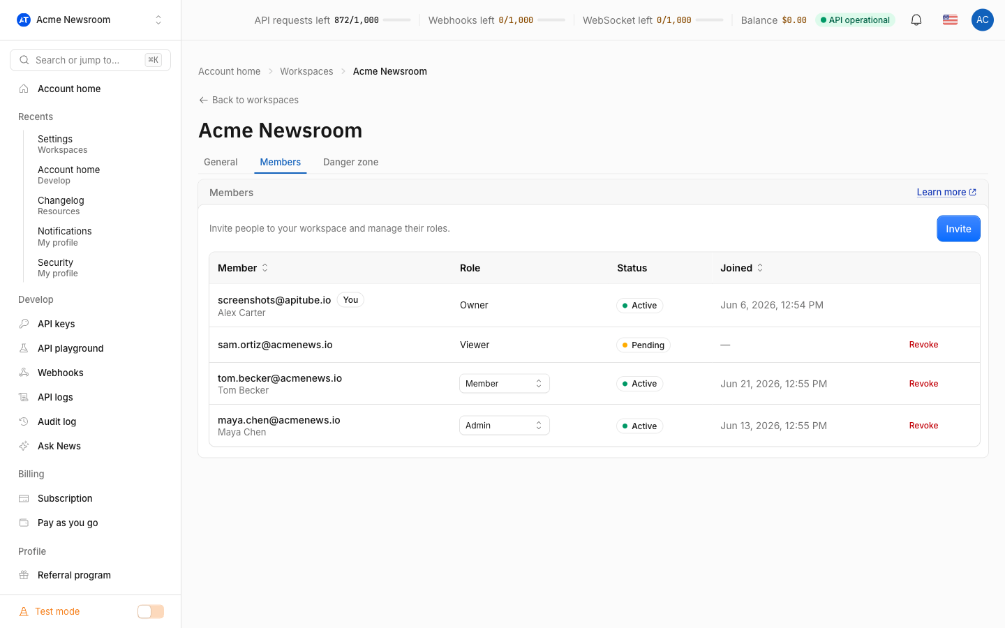 A workspace member list showing an Owner, a pending Viewer invite, and Member and Admin roles selectable per row