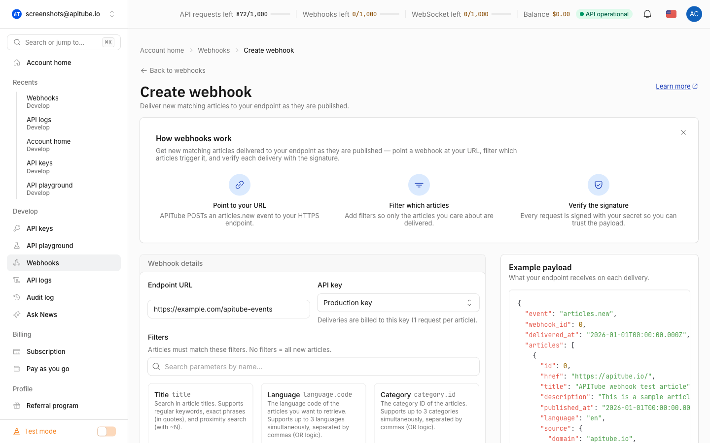 The Create webhook page: endpoint URL and API key fields, the filter builder, and an example payload preview on the right