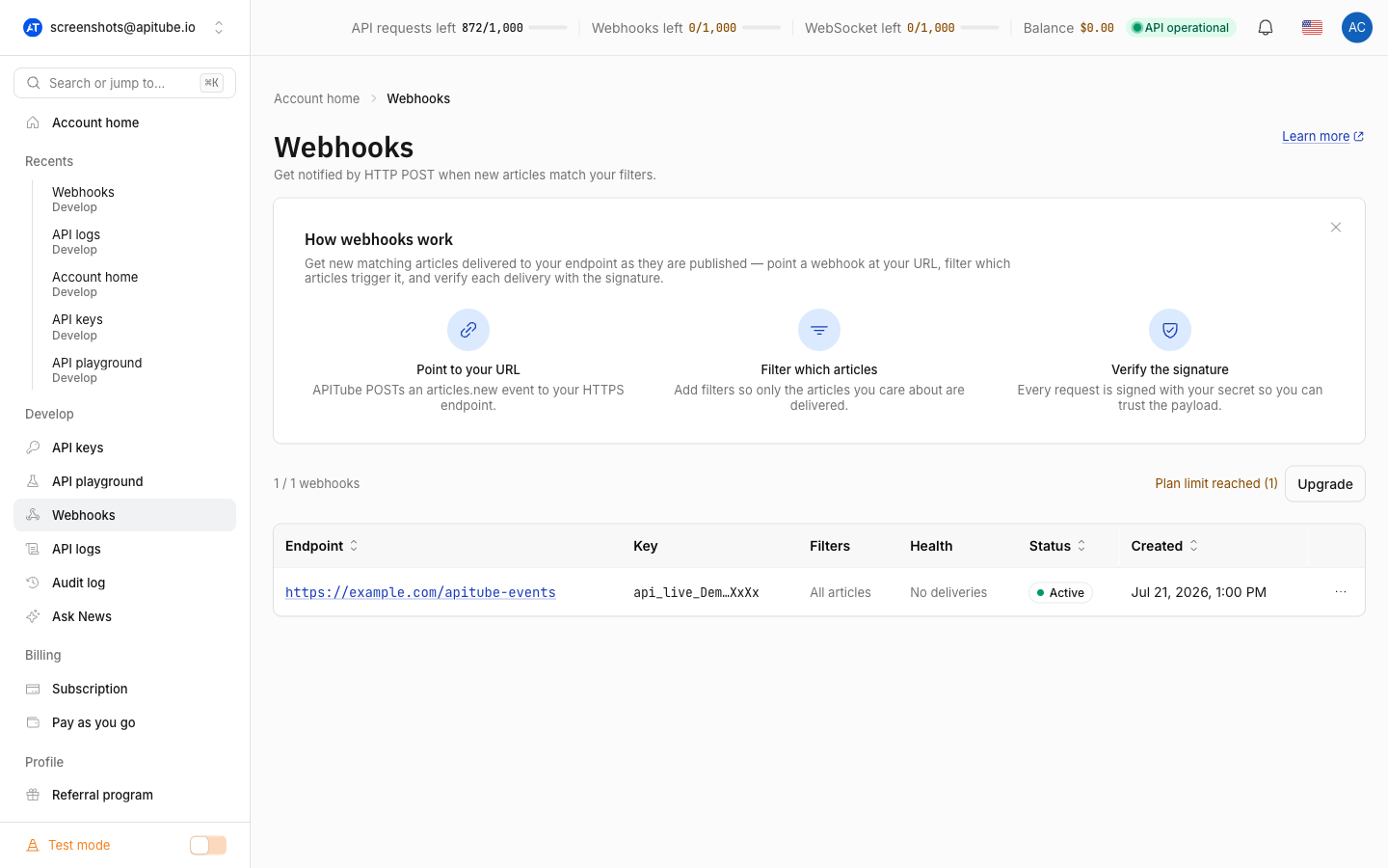 The Webhooks page of the dashboard listing a configured webhook with its endpoint URL and status