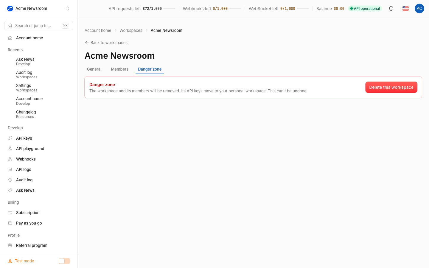 The Danger zone tab of a workspace's settings with the Delete this workspace action